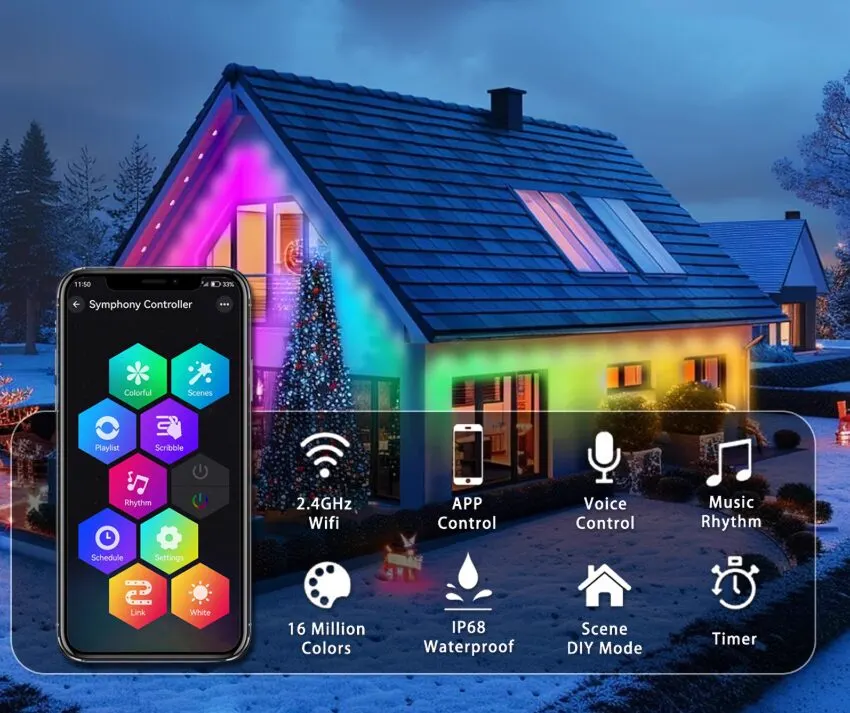 Smartphone app controlling permanent exterior lighting colors on a Brentwood Tennessee home