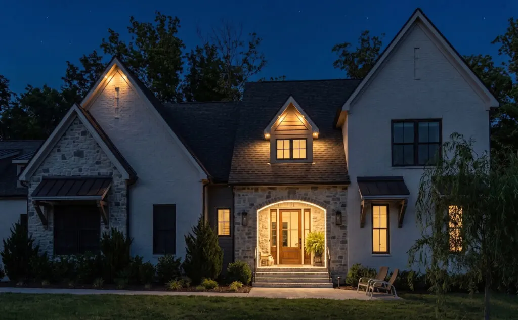 Solas Lighting warm white architectural track lights highlighting roofline and columns on a two-story Middle Tennessee home