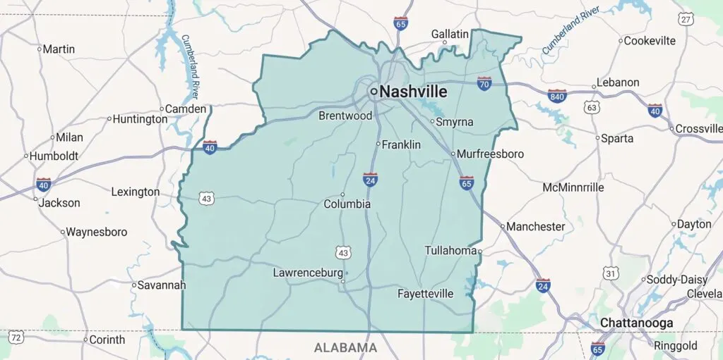Solas Lighting Middle Tennessee service area map including Nashville Franklin Brentwood and Spring Hill