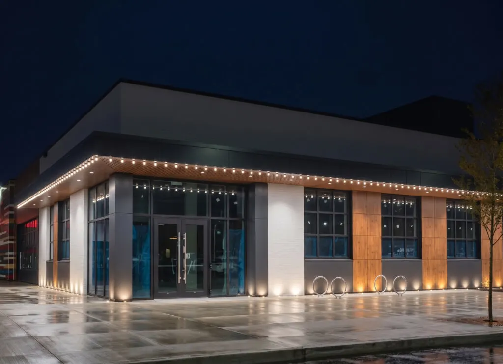 Commercial permanent exterior lighting on a Middle Tennessee storefront at night