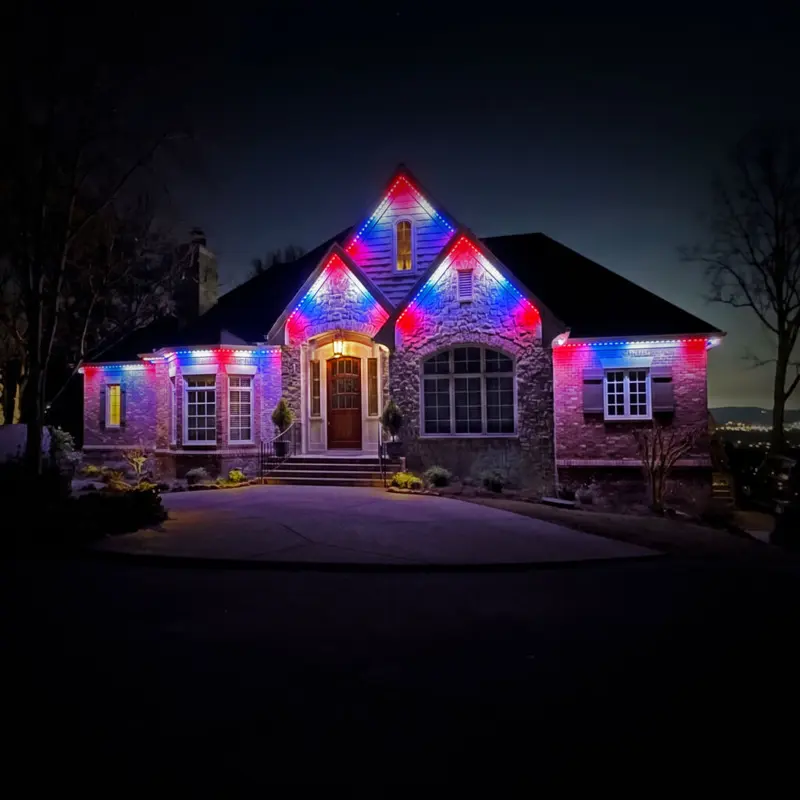 Permanent patriotic holiday roofline lighting on a Middle Tennessee home at night